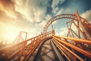 A dynamic shot of a roller coaster in motion, capturing the thrill of the ride