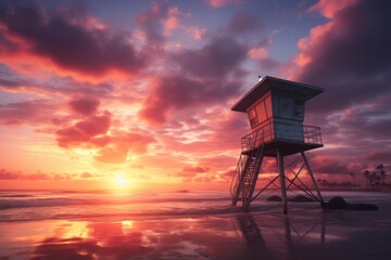 Fototapeta na wymiar A lifeguard tower at the start of a new day
