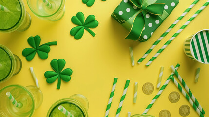 festive  St. Patrick's Day, clover-shaped party glasses, straws, a stylish green bow-tie, and a gift box adorned with lively polka dot patterns, trefoils, and gleaming gold coins- yellow background