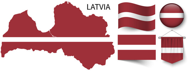 The various patterns of the Latvia national flags and the map of Latvia's borders