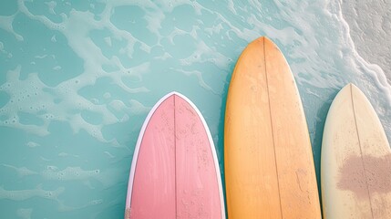 Three pastel-colored surfboards on the sea azure water. Summer mood, vacation by the sea, beach sport activities, positive