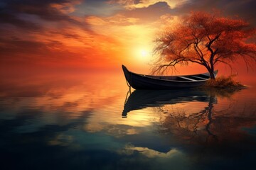 A peaceful reflection of a boat drifting on a serene pond at sunset