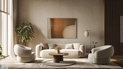 Trendy modern airy living room interior design with white couch and table in minimalistic Danish design style with natural colors and wooden elements
