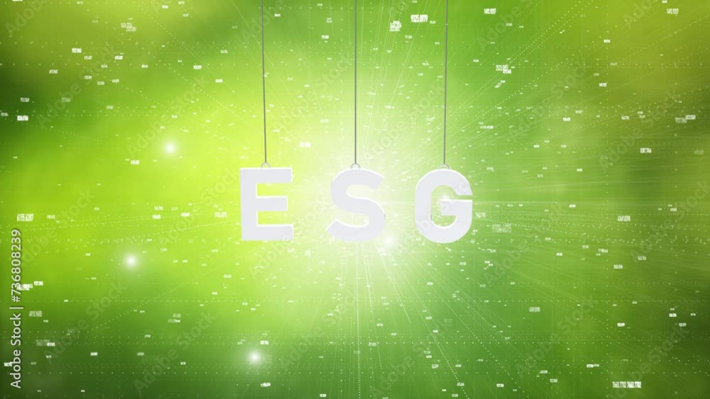 Poster esg word swing on the string on glowing green concept ecology loop animation. concept environment, s