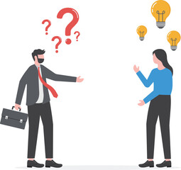two businessmen share idea positive thinking and question solution thinking
