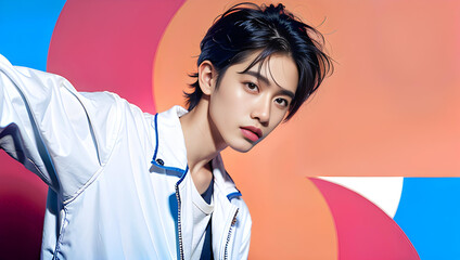 Portrait of a fashionable and stylish young beautiful Asian man with fancy hair color and casual clothes