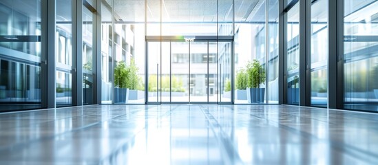 an empty lobby of an office building with a lot of windows and a sliding glass door . High quality - obrazy, fototapety, plakaty