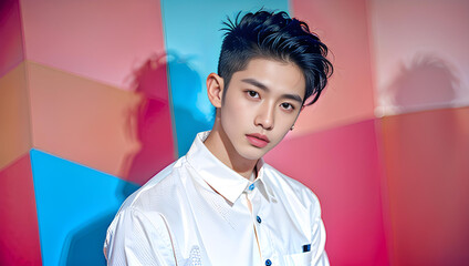Portrait of a fashionable and stylish young beautiful Asian man with fancy hair color and casual clothes