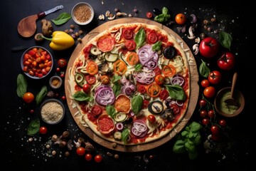 A pizza with creative toppings arranged artfully