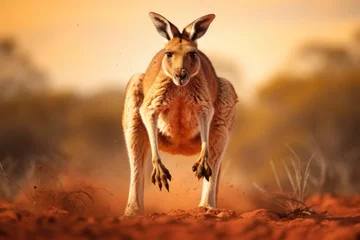 Fotobehang A kangaroo hopping across the Australian outback. Cute wallaby standing in grass at sunset, AI generated © Tanu