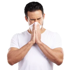 Fototapeten Man, blowing nose and sneezing for allergies, sick with influenza and tissue isolated on png transparent background. Hayfever, sinus or virus with toilet paper for cold, flu and mucus with burnout © peopleimages.com
