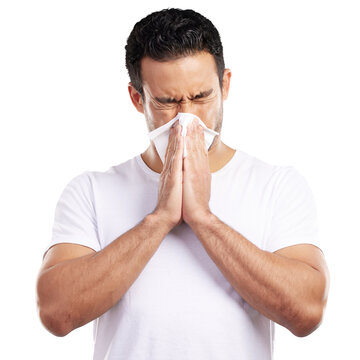 Man, blowing nose and sneezing for allergies, sick with influenza and tissue isolated on png transparent background. Hayfever, sinus or virus with toilet paper for cold, flu and mucus with burnout