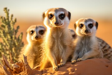 Fototapeta premium A meerkat family vigilantly observing the surroundings, Small meerkat family sitting watching nature beauty, Ai generated
