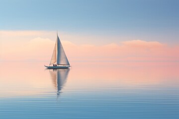 A serene reflection of a lone sailboat drifting on a calm sea - obrazy, fototapety, plakaty