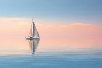 Deurstickers A serene reflection of a lone sailboat drifting on a calm sea © KerXing