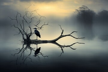 A serene reflection of a solitary bird perched on a tranquil lake
