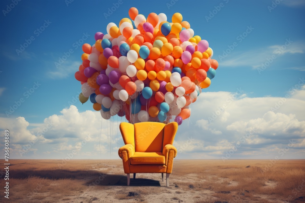Poster a surreal composition of a floating chair in a field of colorful balloons