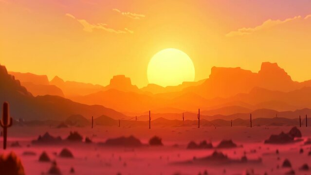 mountain background with beautiful sunset view. cartoon and anime style	
