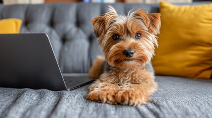 curious Yorkshire Terrier peers over a laptop on a couch, suggesting a pet's involvement in remote work or leisure