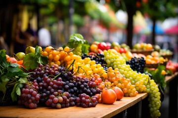 A table covered in colorful fruit at a farmers market
