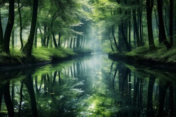 Fototapeta na wymiar A tranquil reflection of a serene forest mirrored in the still waters of a pond