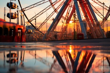 A vibrant reflection of a carnival Ferris wheel spinning in the evening light
