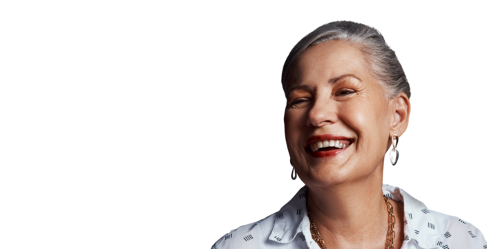Face, thinking and smile of senior woman, inspiration and planning future isolated on a transparent png background. Retirement, happy and elderly person dream, laughing and remember funny memory