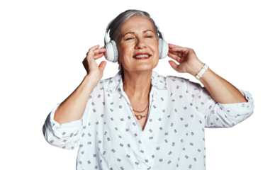 Mature woman, headphones and relaxing with music, streaming radio and listen to sound or audio. Senior female person, happy and subscribe to playlist, hear and isolated on transparent png background