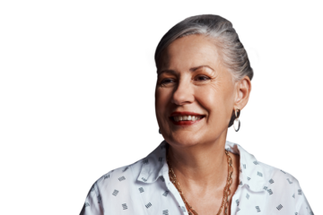 Face, thinking and happy senior woman, inspiration and planning future isolated on a transparent png background. Retirement, smile and elderly person dream, vision and expression to remember memory