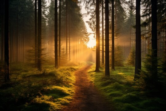 An organic image of a forest with filtered sunlight, highlighting the importance of sustainable forestry