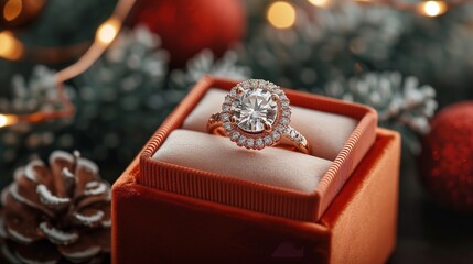 A stunning diamond jewelry engagement ring glistens in a red velvet box, ready to be presented as a holiday gift.