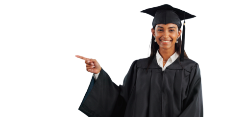 Woman, graduate and portrait or pointing for education recommendation for information, registration or choice. Female person, university and isolated transparent png background, college or school