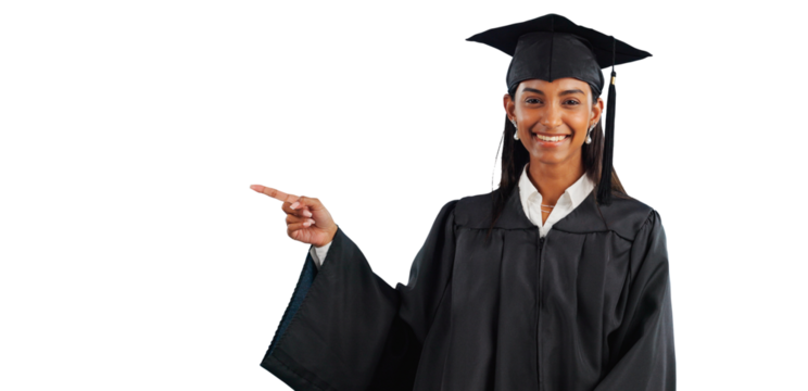 Woman, graduate and portrait or pointing for education recommendation for information, registration or choice. Female person, university and isolated transparent png background, college or school - Powered by Adobe