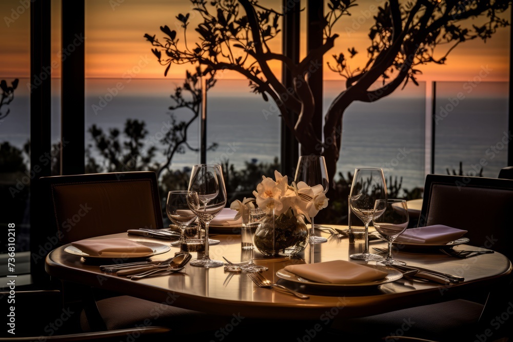Poster elegant dinner setup with a view of the ocean