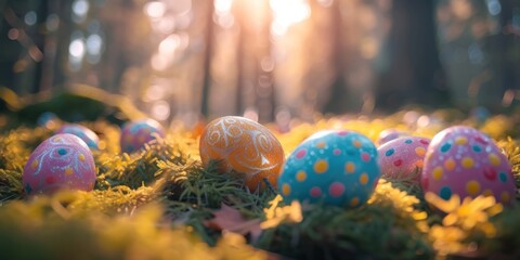 An adorable bunny sits amidst colorful Easter eggs on a bright, sunny field, with a magical bokeh light effect in the background.