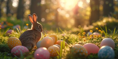 An adorable bunny sits amidst colorful Easter eggs on a bright, sunny field, with a magical bokeh light effect in the background.