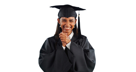 Woman, portrait and excited for graduation celebration for university degree for certificate, student or learning. Female person, face and isolated transparent png background, scholarship or smile