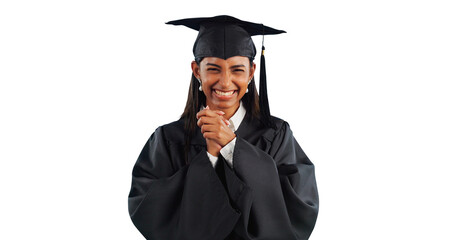 Woman, portrait and excited for graduation celebration for university degree for certificate,...