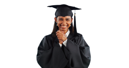 Woman, portrait and excited for graduation celebration for university degree for certificate, student or learning. Female person, face and isolated transparent png background, scholarship or smile