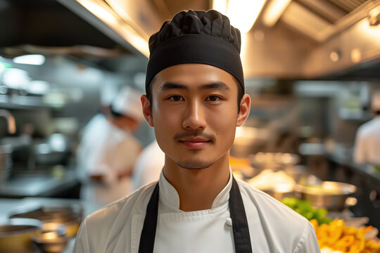 A skilled cook of Asian cuisine confidently wears a classic white chefs hat while working in a bustling, professional kitchen.