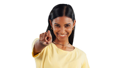 Portrait, Indian woman and pointing finger for choice, hey you and excited with big smile and happiness. Female person to show, decision and invitation while isolated on transparent png background