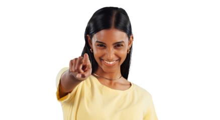 Portrait, Indian woman and pointing finger for choice, hey you and excited with big smile and happiness. Female person to show, decision and invitation while isolated on transparent png background
