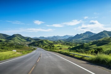 Naklejka premium Elevate your designs with the peaceful allure of an empty road in the countryside, offering a serene escape with the city skyline faintly, Generative AI