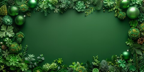 A decorative border for St. Patrick's Day with green shamrocks, festive ornaments, and space for text on a dark green background.