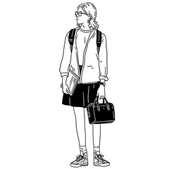 Young people carry book and handbag Campus student Woman casual lifestyle Hand drawn line art Illustration