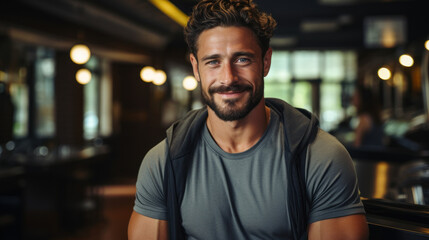 Fototapeta premium Man trainer smiling at fitness gym abstract background. Generative ai.