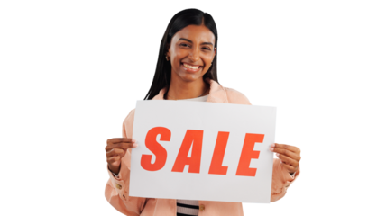Portrait, sale and retail poster with indian girl isolated on transparent background for advertising. Deal, shopping or promotion announcement and happy young ambassador on PNG with billboard