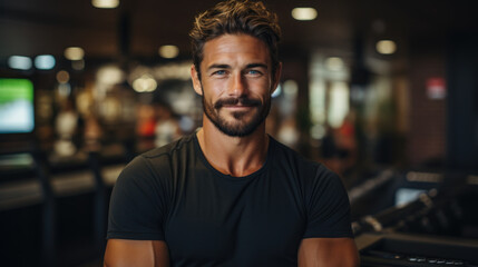 Fototapeta premium Man trainer smiling at fitness gym abstract background. Generative ai.