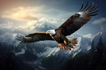 Foto op Plexiglas An eagle soaring high above a mountain range. AI generated © Tanu