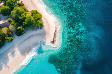 Aerial view of Gili Islands, Lombok, Indonesia: Sandy beach, turquoise ocean waves.